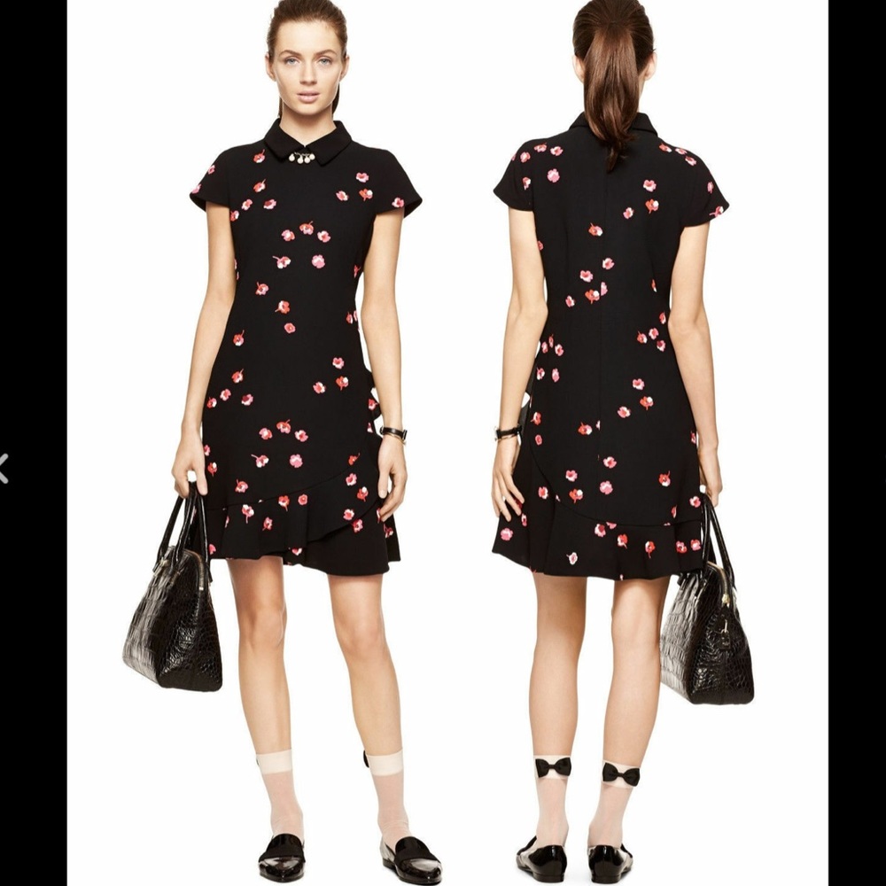 Kate Spade Falling Florals Ruffle Collar Dress Black Pink Sz 6